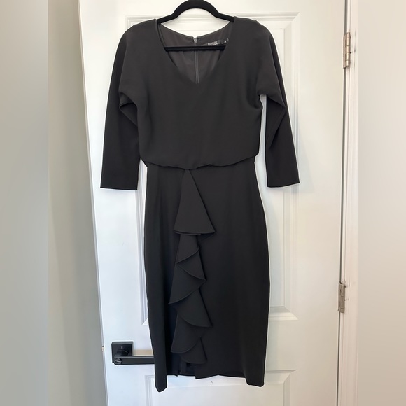 Badgley Mischka Black Dolman Sleeve Crepe Blouson Ruffle Knee Length Dress - Picture 1 of 7